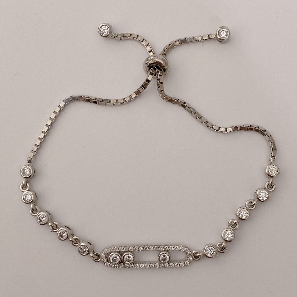 Bracelet 925 Silver bar clear cubic cz zirconia stones bolo lock